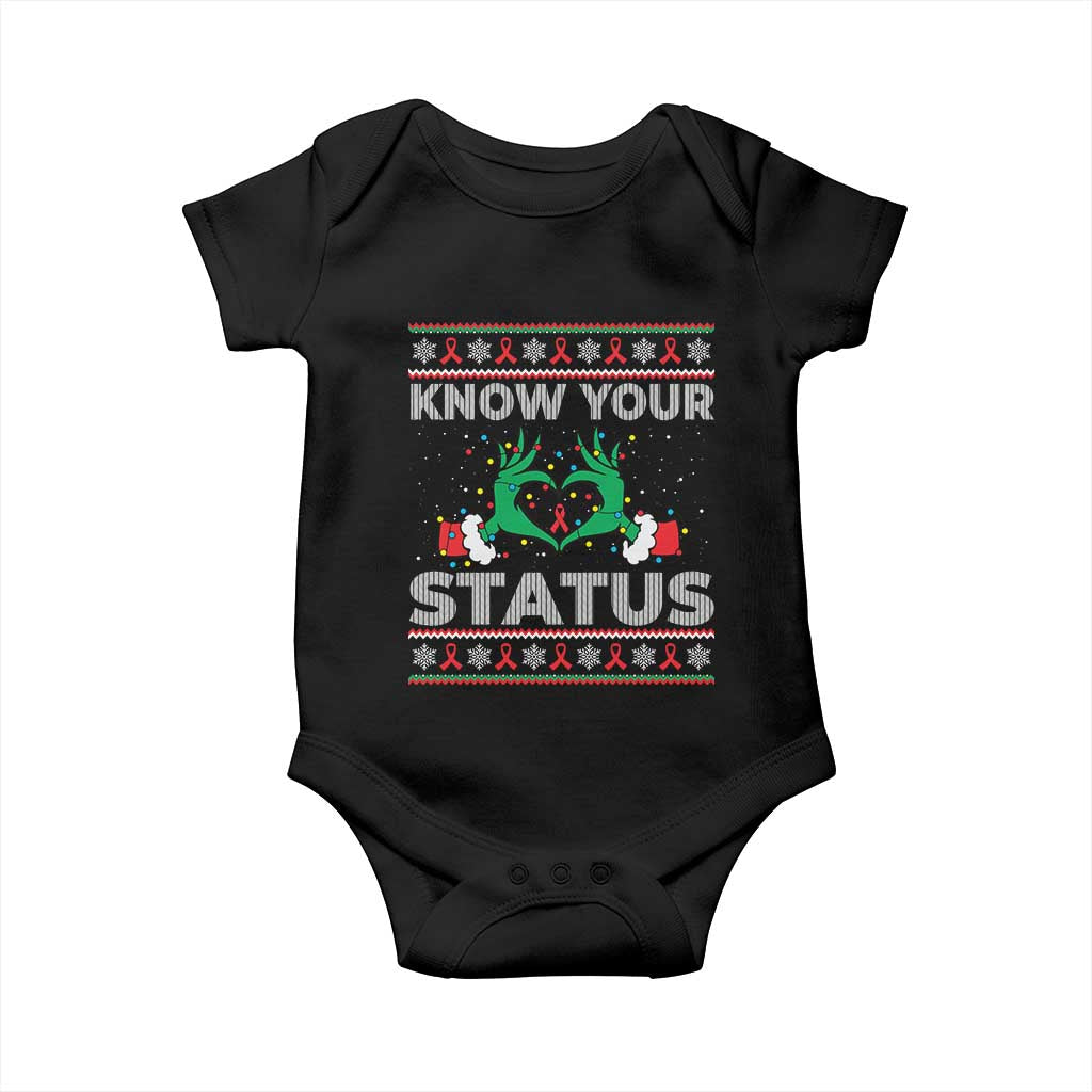 Know Your Status HIV Awareness Gift Baby Onesie Ugly Sweater Green Hand Red Ribbon TS12 Black Print Your Wear