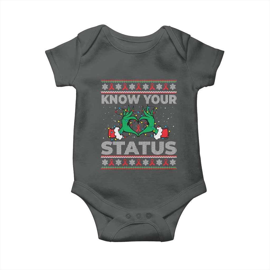 Know Your Status HIV Awareness Gift Baby Onesie Ugly Sweater Green Hand Red Ribbon TS12 Dark Heather Print Your Wear