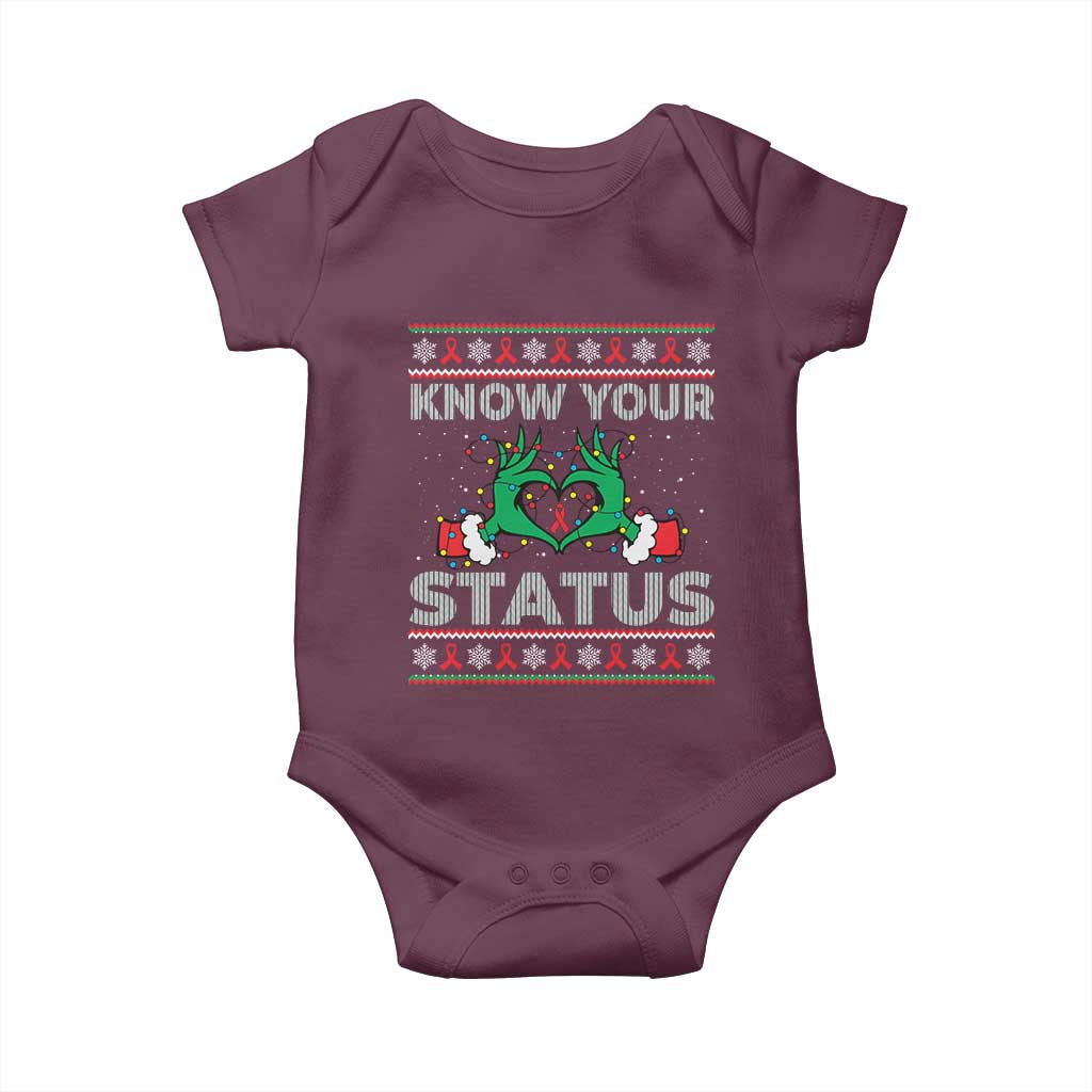 Know Your Status HIV Awareness Gift Baby Onesie Ugly Sweater Green Hand Red Ribbon TS12 Maroon Print Your Wear