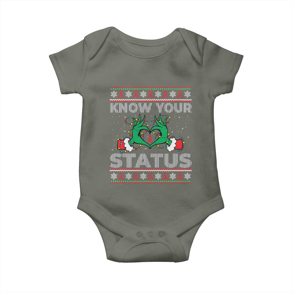 Know Your Status HIV Awareness Gift Baby Onesie Ugly Sweater Green Hand Red Ribbon TS12 Military Green Print Your Wear