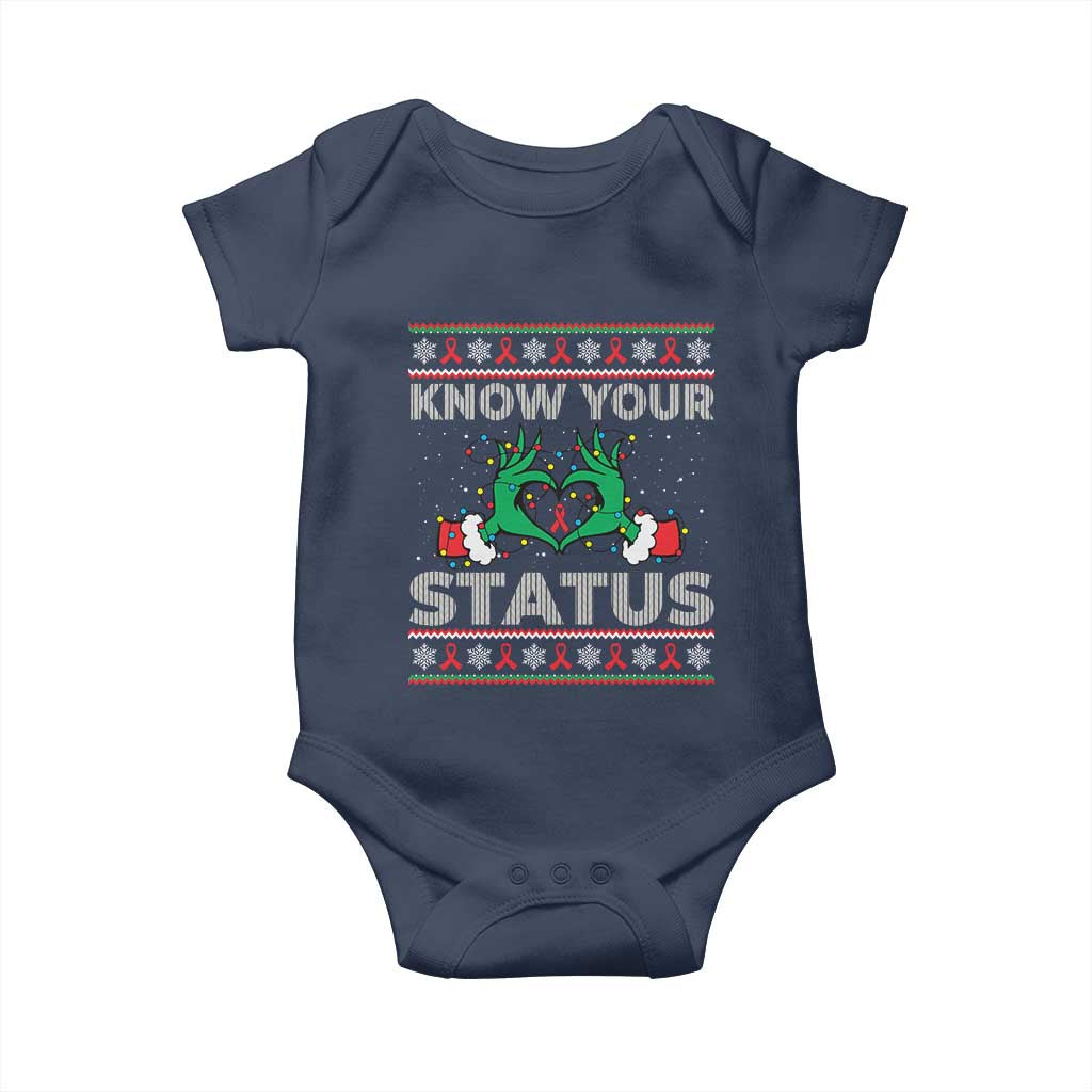 Know Your Status HIV Awareness Gift Baby Onesie Ugly Sweater Green Hand Red Ribbon TS12 Navy Print Your Wear