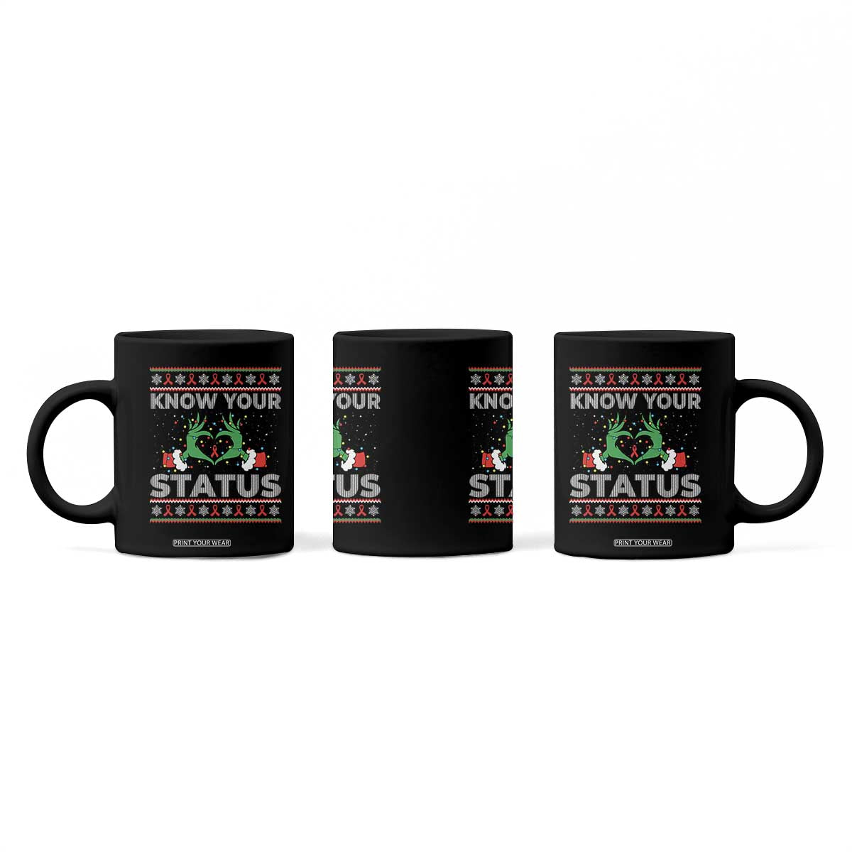 Know Your Status HIV Awareness Gift Coffee Mug Ugly Sweater Green Hand Red Ribbon TS12 Print Your Wear