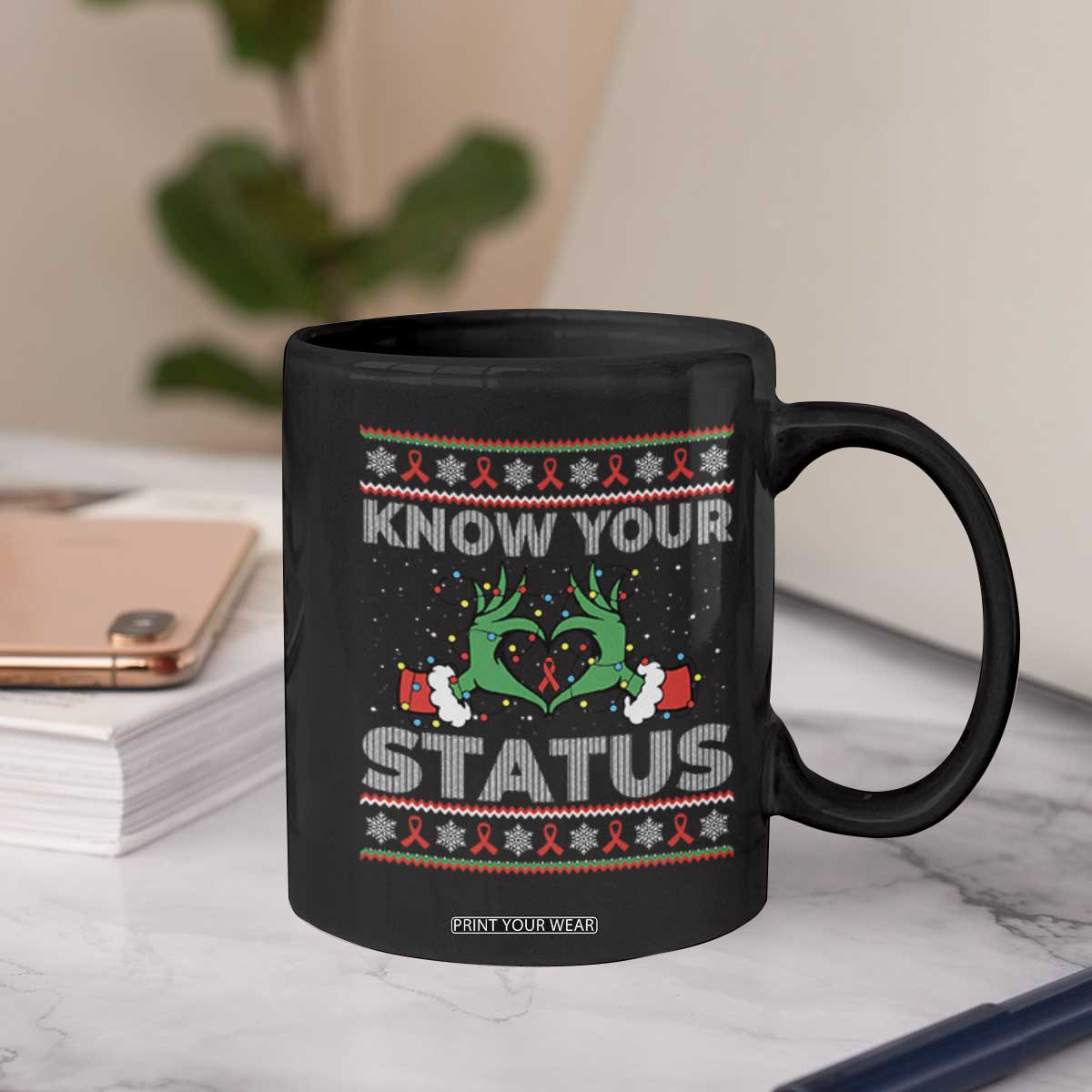 Know Your Status HIV Awareness Gift Coffee Mug Ugly Sweater Green Hand Red Ribbon TS12 Print Your Wear