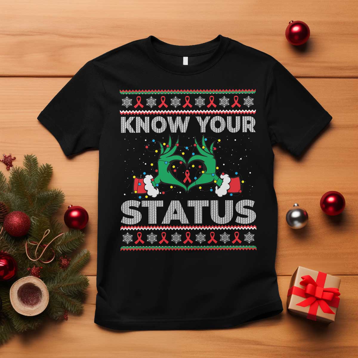 Know Your Status HIV Awareness Gift T Shirt Ugly Sweater Green Hand Red Ribbon TS12 Black Print Your Wear
