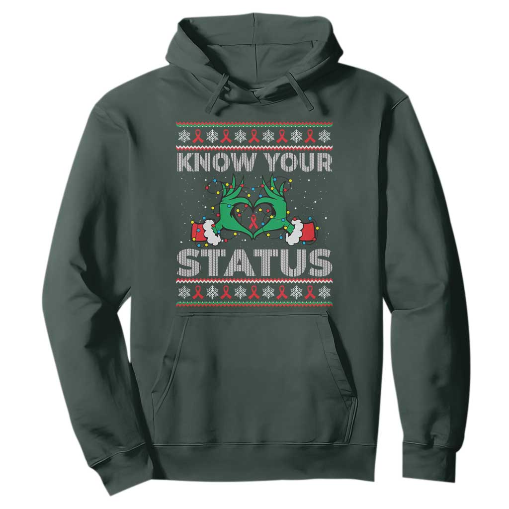 Know Your Status HIV Awareness Gift Hoodie Ugly Sweater Green Hand Red Ribbon TS12 Dark Forest Green Print Your Wear