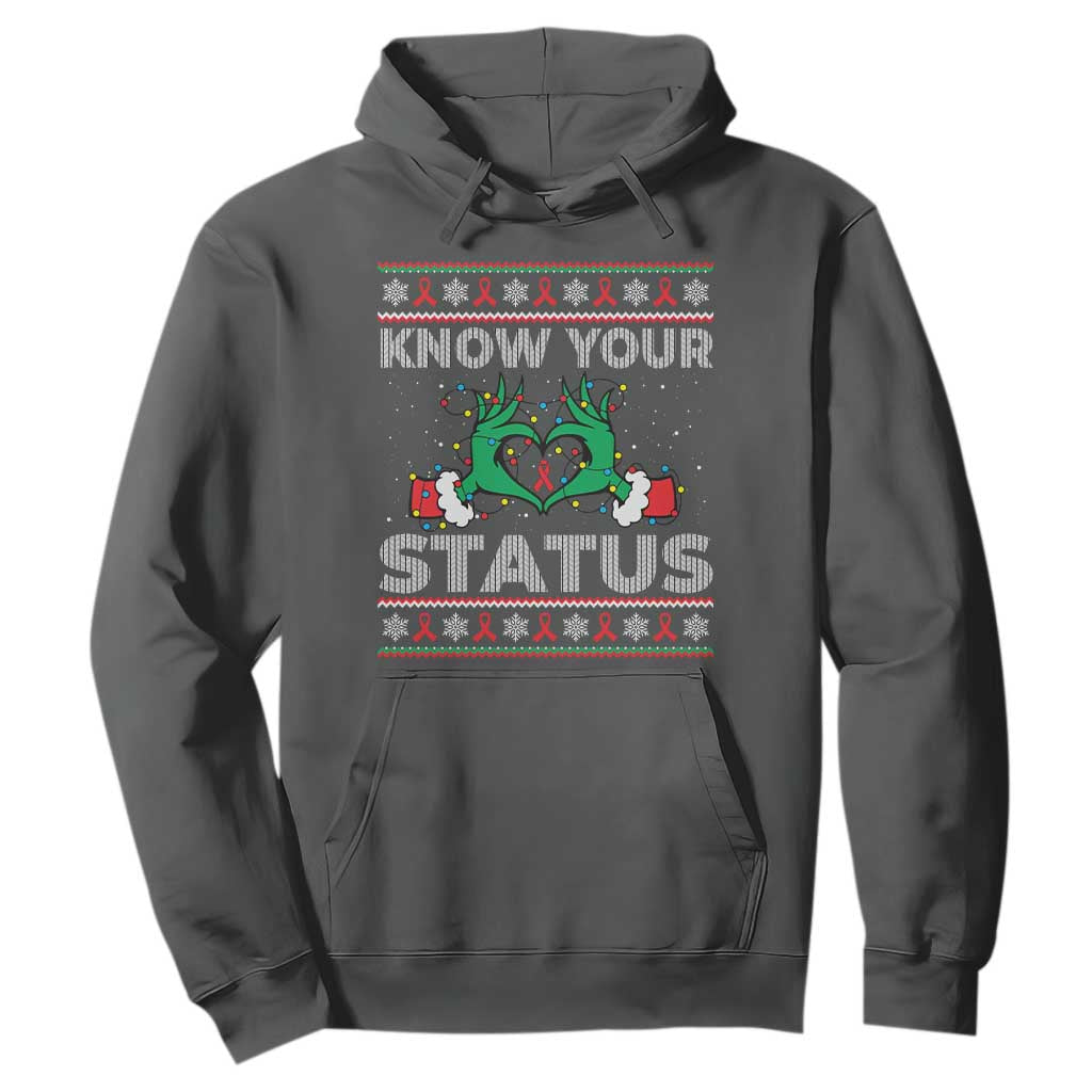 Know Your Status HIV Awareness Gift Hoodie Ugly Sweater Green Hand Red Ribbon TS12 Dark Heather Print Your Wear