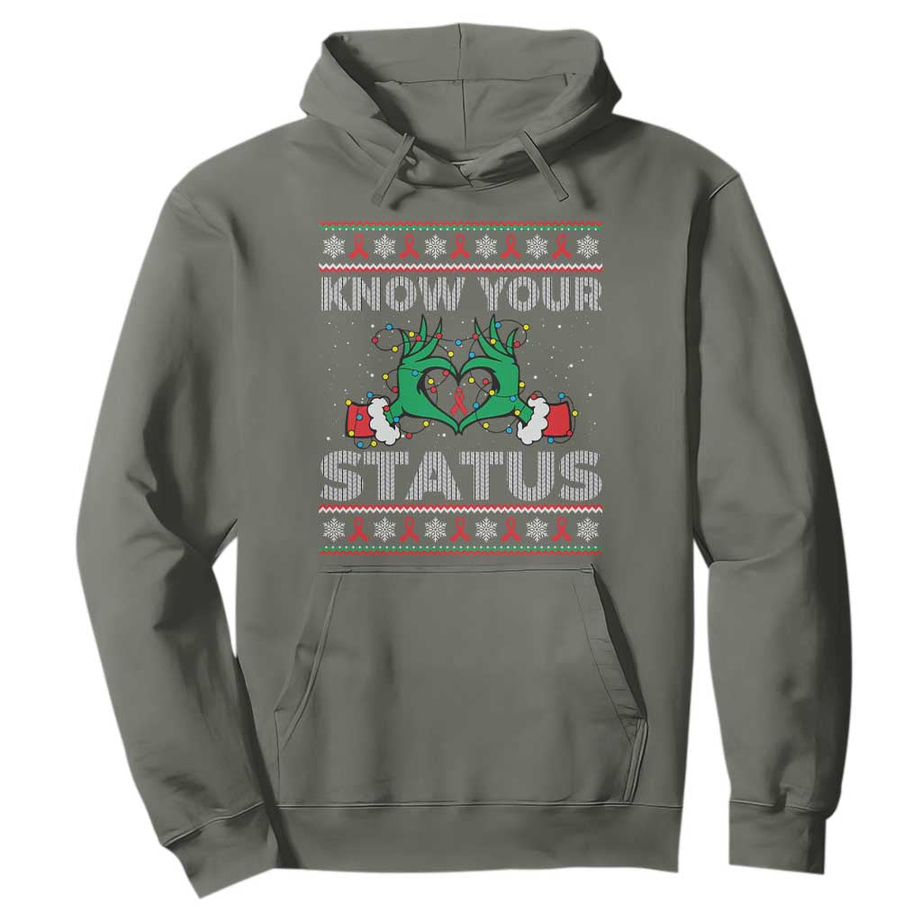 Know Your Status HIV Awareness Gift Hoodie Ugly Sweater Green Hand Red Ribbon TS12 Military Green Print Your Wear