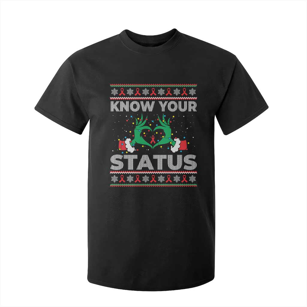 Know Your Status HIV Awareness Gift T Shirt For Kid Ugly Sweater Green Hand Red Ribbon TS12 Black Print Your Wear