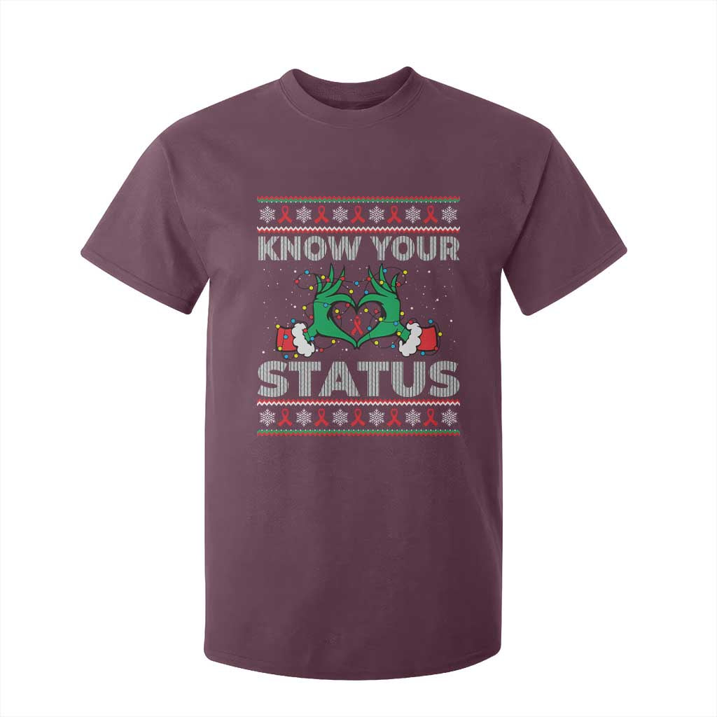 Know Your Status HIV Awareness Gift T Shirt For Kid Ugly Sweater Green Hand Red Ribbon TS12 Maroon Print Your Wear