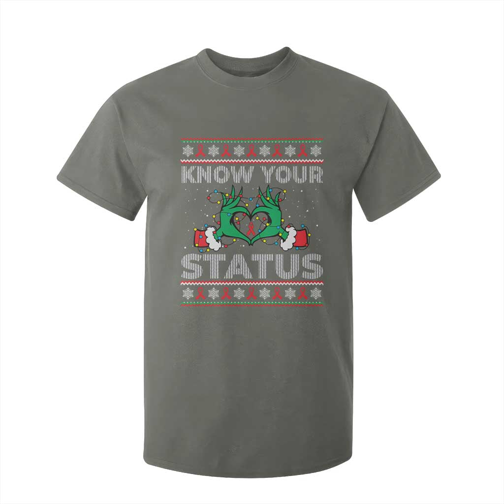 Know Your Status HIV Awareness Gift T Shirt For Kid Ugly Sweater Green Hand Red Ribbon TS12 Military Green Print Your Wear