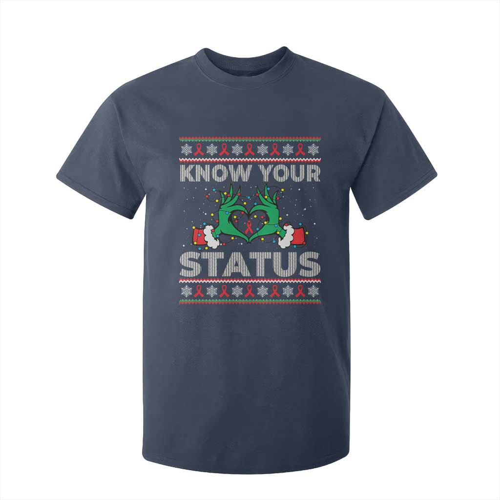Know Your Status HIV Awareness Gift T Shirt For Kid Ugly Sweater Green Hand Red Ribbon TS12 Navy Print Your Wear