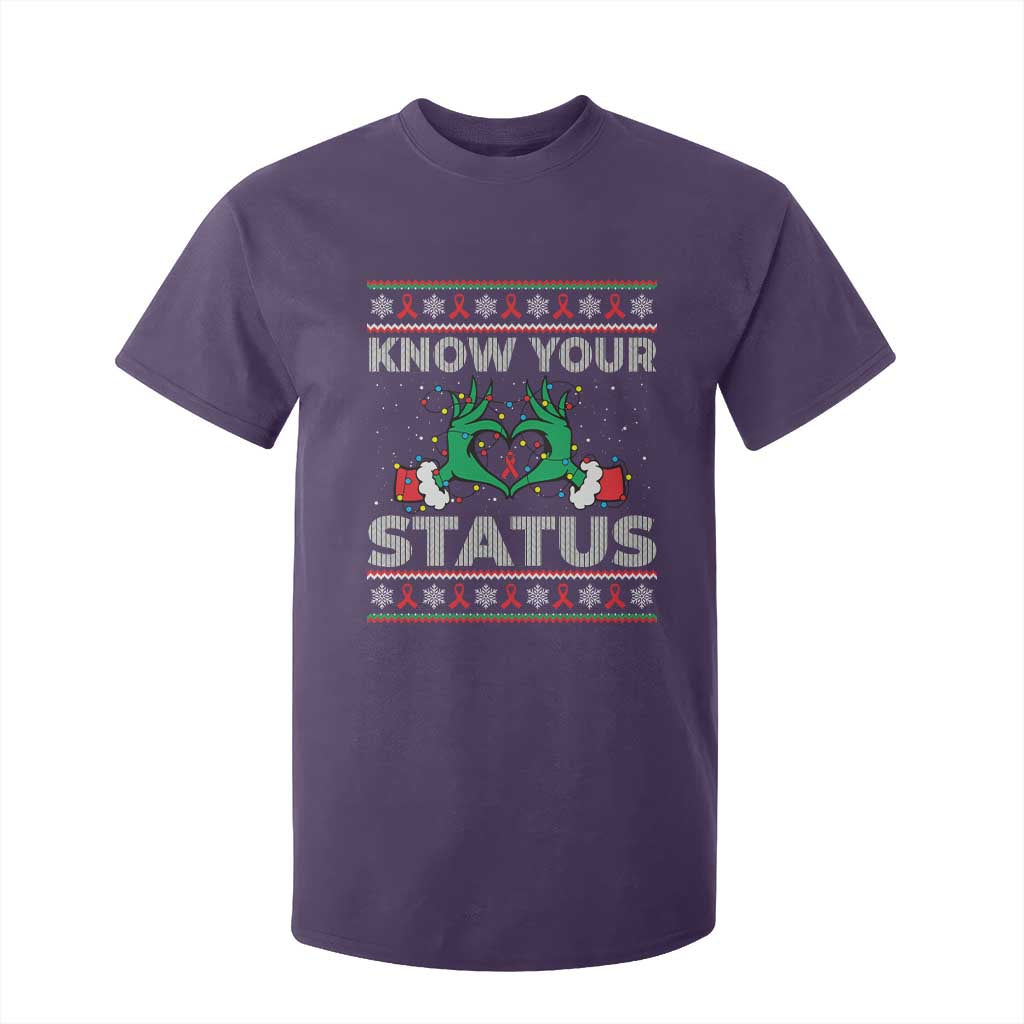 Know Your Status HIV Awareness Gift T Shirt For Kid Ugly Sweater Green Hand Red Ribbon TS12 Purple Print Your Wear