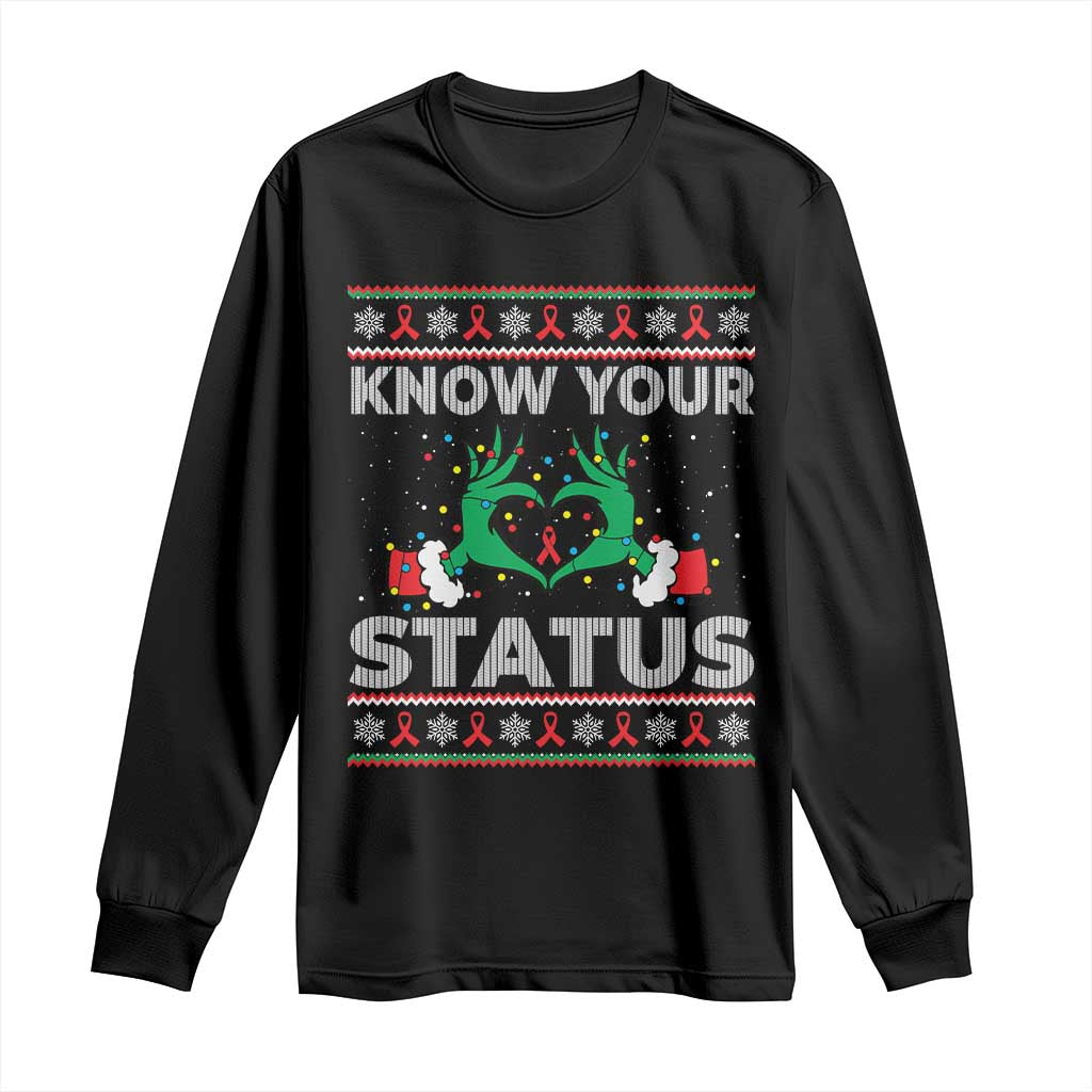 Know Your Status HIV Awareness Gift Long Sleeve Shirt Ugly Sweater Green Hand Red Ribbon TS12 Black Print Your Wear