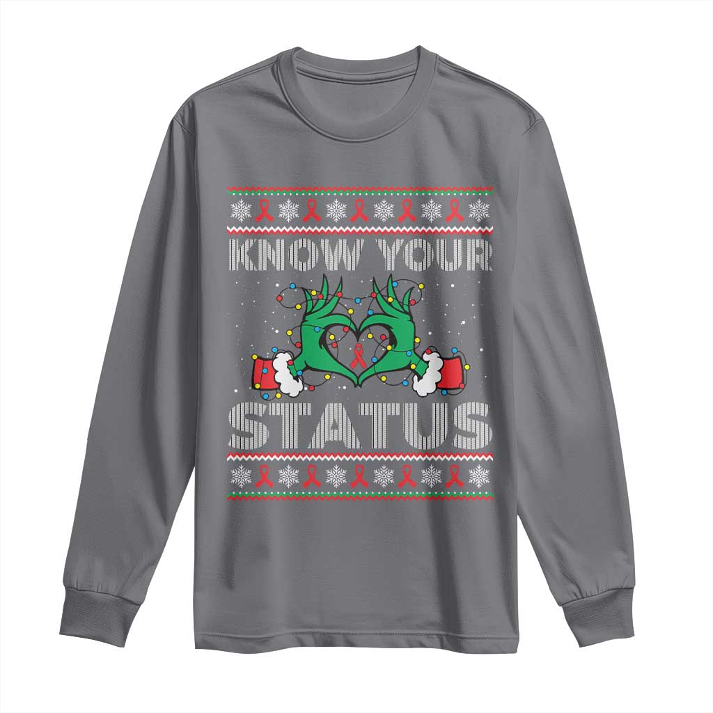 Know Your Status HIV Awareness Gift Long Sleeve Shirt Ugly Sweater Green Hand Red Ribbon TS12 Charcoal Print Your Wear