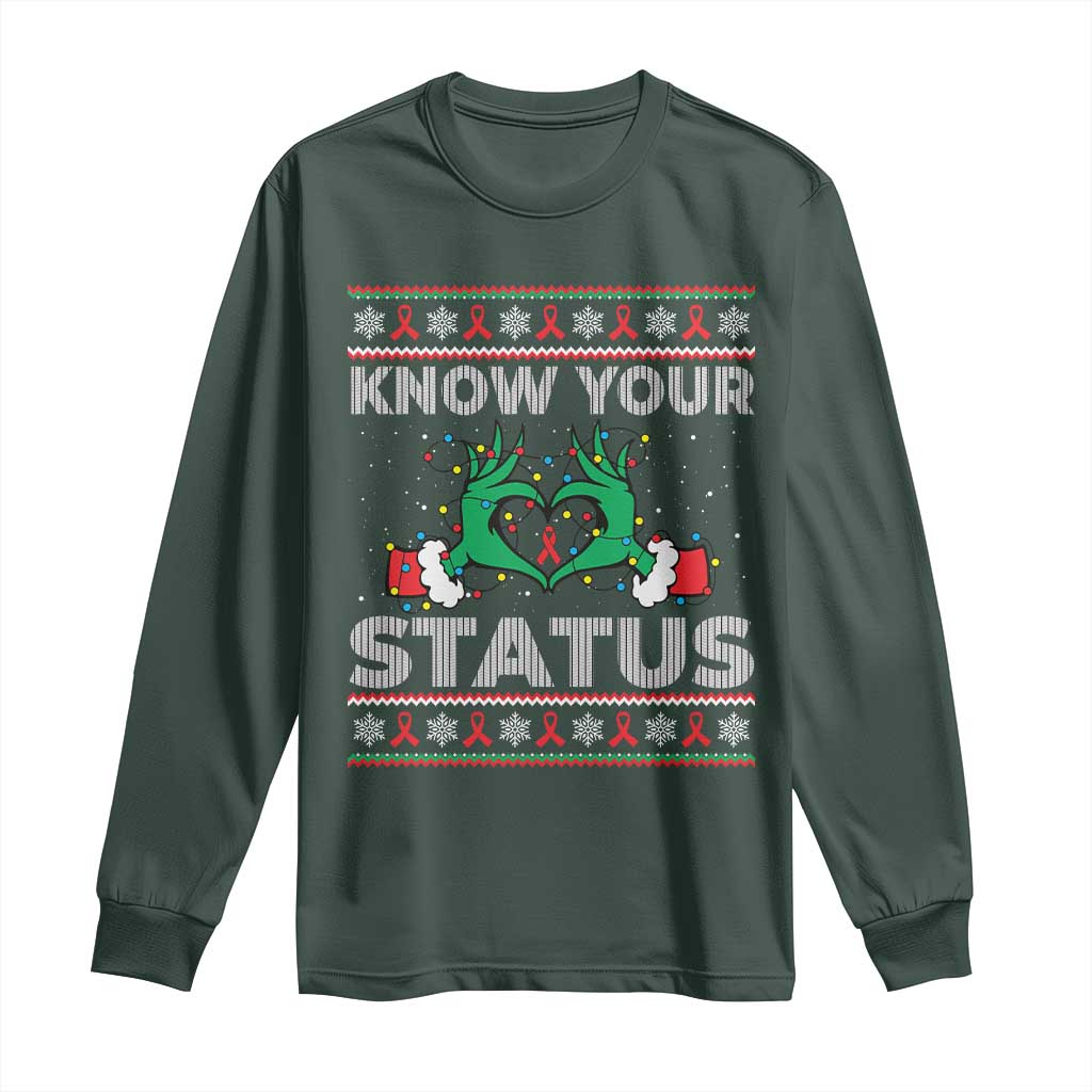 Know Your Status HIV Awareness Gift Long Sleeve Shirt Ugly Sweater Green Hand Red Ribbon TS12 Dark Forest Green Print Your Wear