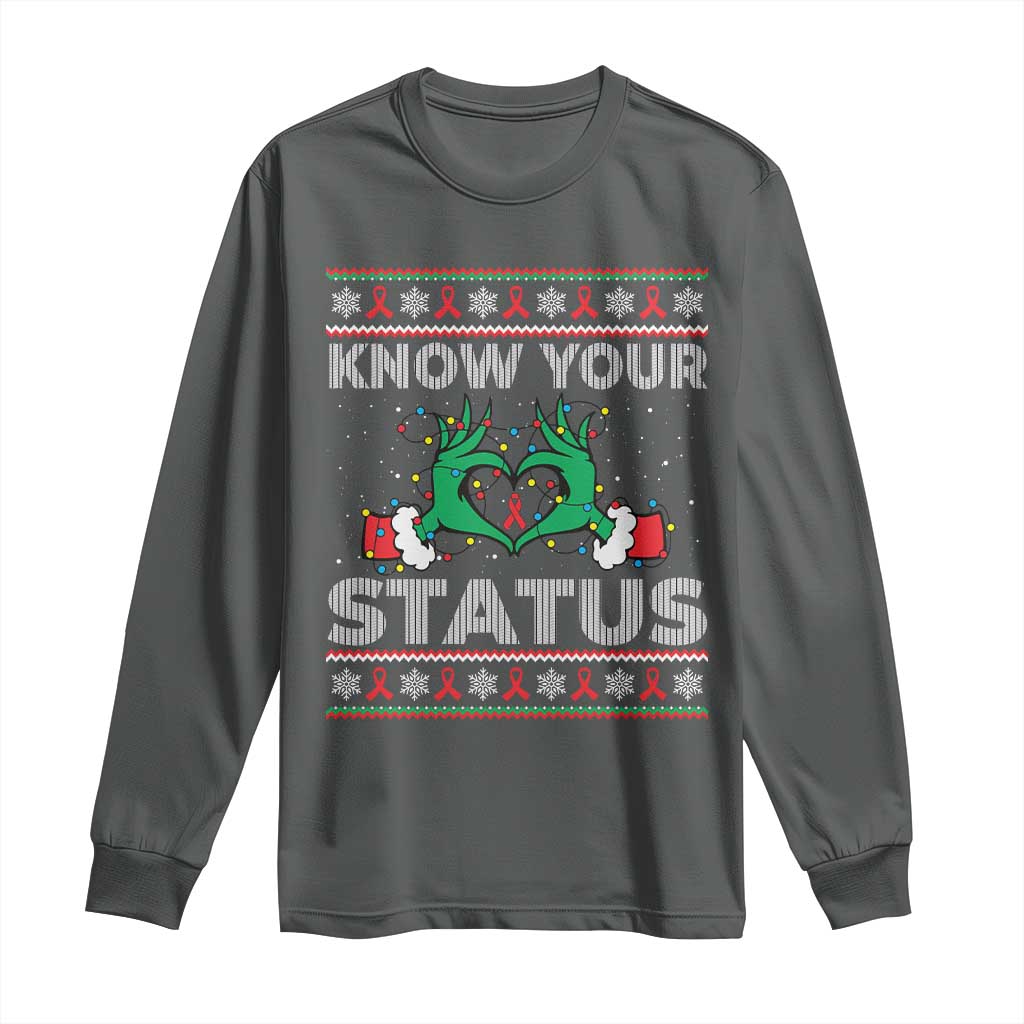 Know Your Status HIV Awareness Gift Long Sleeve Shirt Ugly Sweater Green Hand Red Ribbon TS12 Dark Heather Print Your Wear