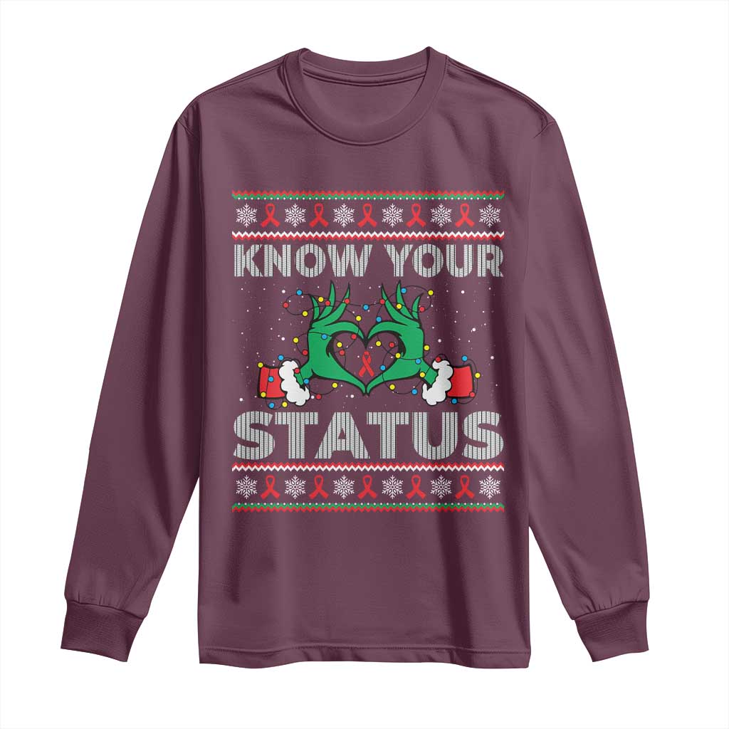 Know Your Status HIV Awareness Gift Long Sleeve Shirt Ugly Sweater Green Hand Red Ribbon TS12 Maroon Print Your Wear