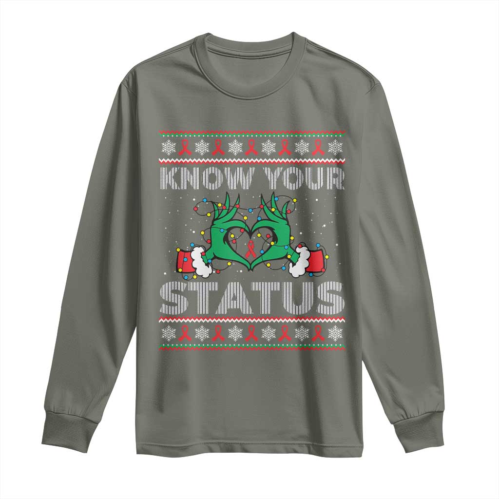 Know Your Status HIV Awareness Gift Long Sleeve Shirt Ugly Sweater Green Hand Red Ribbon TS12 Military Green Print Your Wear