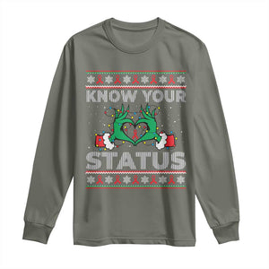 Know Your Status HIV Awareness Gift Long Sleeve Shirt Ugly Sweater Green Hand Red Ribbon TS12 Military Green Print Your Wear
