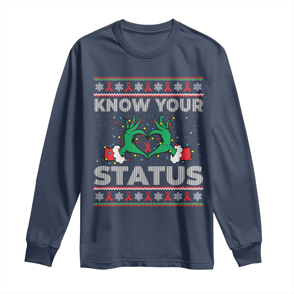 Know Your Status HIV Awareness Gift Long Sleeve Shirt Ugly Sweater Green Hand Red Ribbon TS12 Navy Print Your Wear