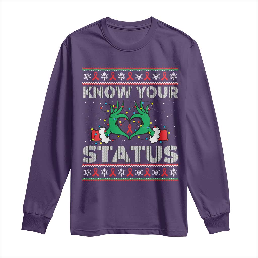 Know Your Status HIV Awareness Gift Long Sleeve Shirt Ugly Sweater Green Hand Red Ribbon TS12 Purple Print Your Wear