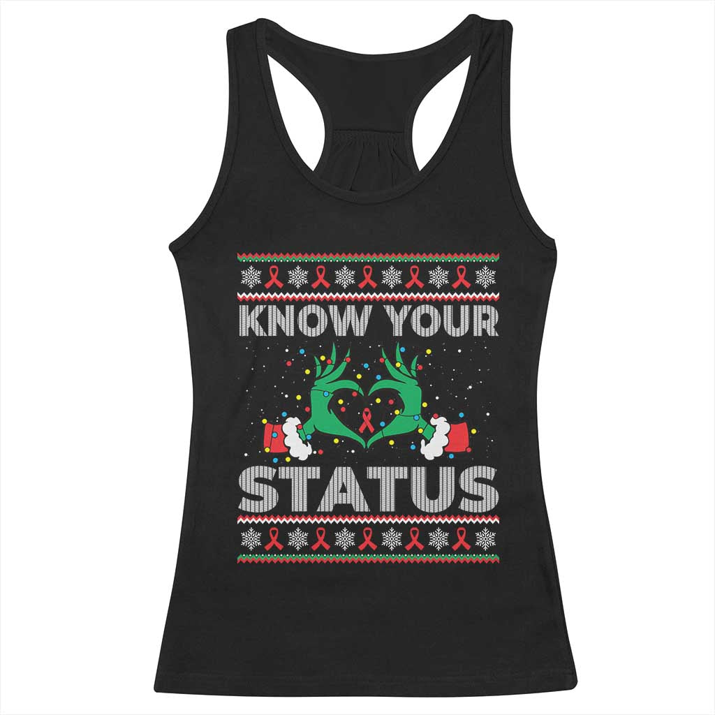 Know Your Status HIV Awareness Gift Racerback Tank Top Ugly Sweater Green Hand Red Ribbon TS12 Black Print Your Wear