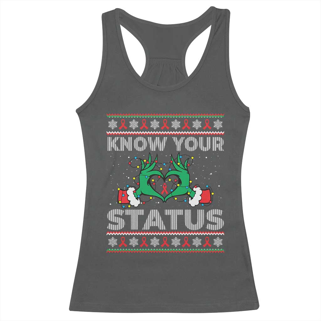 Know Your Status HIV Awareness Gift Racerback Tank Top Ugly Sweater Green Hand Red Ribbon TS12 Dark Heather Print Your Wear