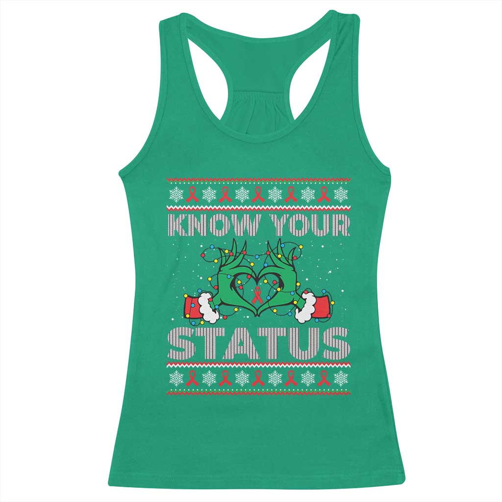 Know Your Status HIV Awareness Gift Racerback Tank Top Ugly Sweater Green Hand Red Ribbon TS12 Irish Green Print Your Wear
