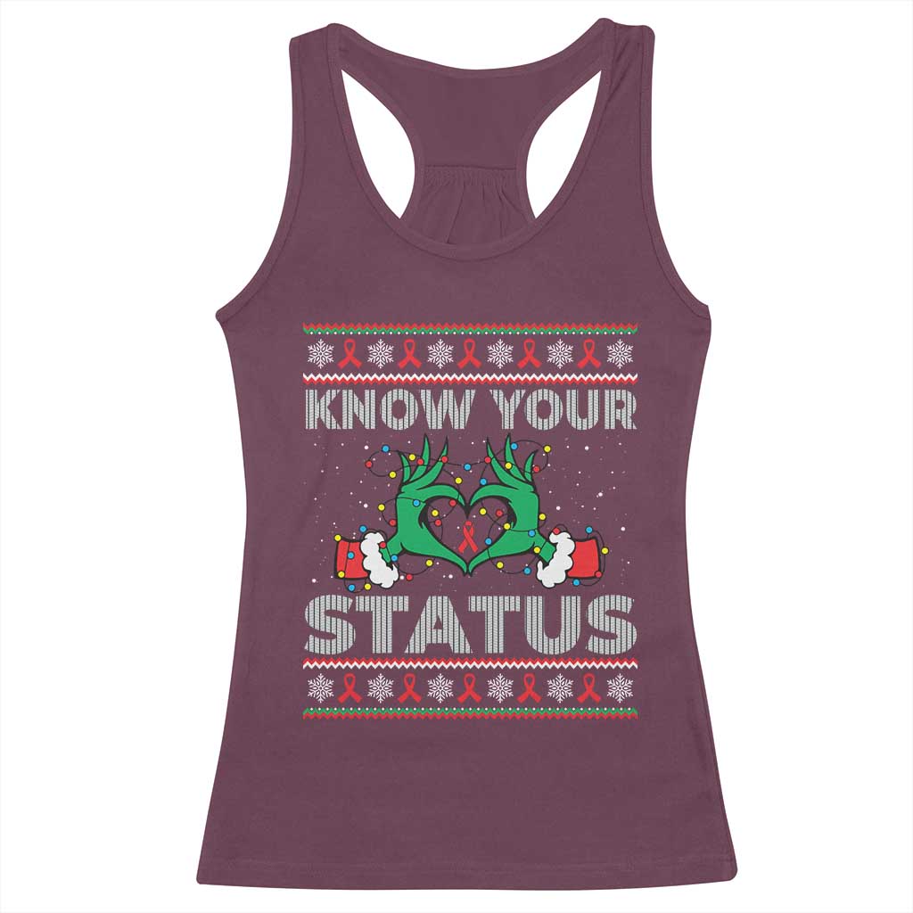 Know Your Status HIV Awareness Gift Racerback Tank Top Ugly Sweater Green Hand Red Ribbon TS12 Maroon Print Your Wear