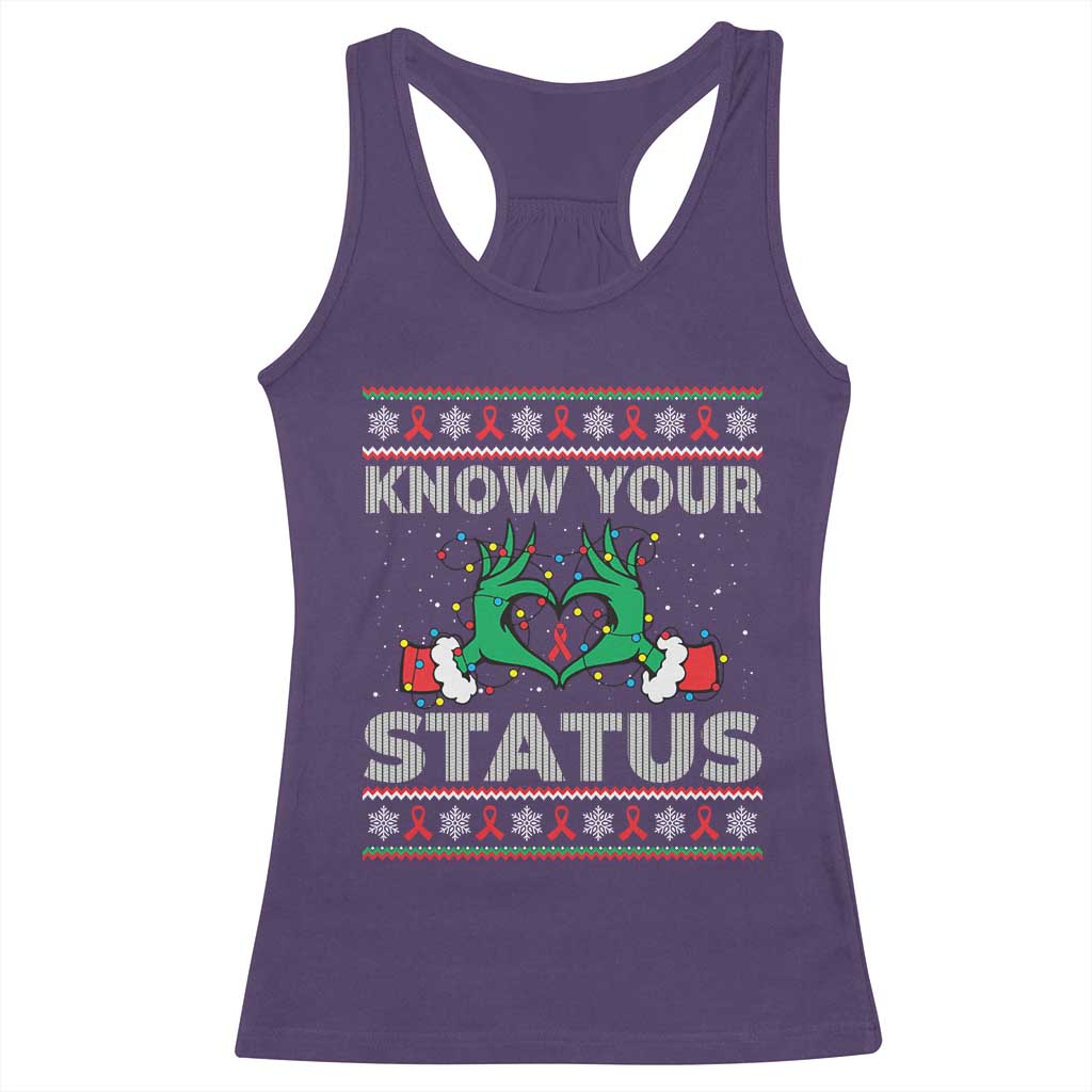 Know Your Status HIV Awareness Gift Racerback Tank Top Ugly Sweater Green Hand Red Ribbon TS12 Purple Print Your Wear