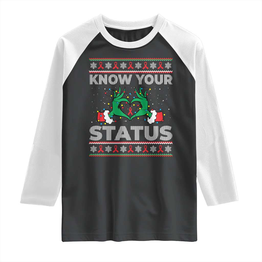 Know Your Status HIV Awareness Gift Raglan Shirt Ugly Sweater Green Hand Red Ribbon TS12 Black White Print Your Wear