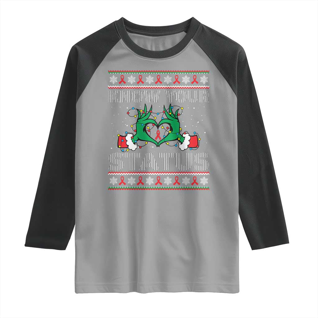 Know Your Status HIV Awareness Gift Raglan Shirt Ugly Sweater Green Hand Red Ribbon TS12 Sport Gray Black Print Your Wear