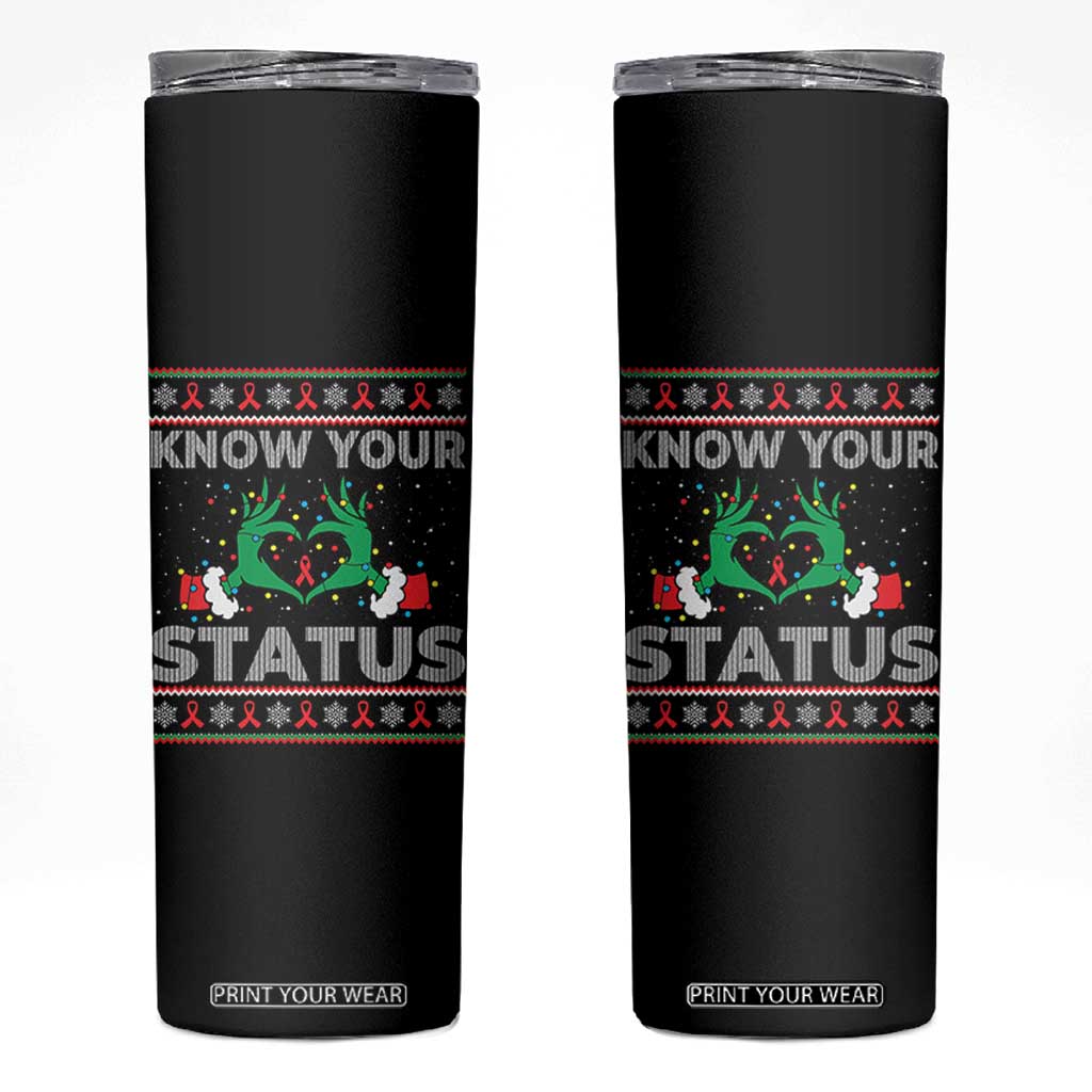 Know Your Status HIV Awareness Gift Skinny Tumbler Ugly Sweater Green Hand Red Ribbon TS12 Black Print Your Wear