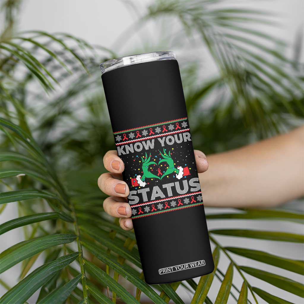 Know Your Status HIV Awareness Gift Skinny Tumbler Ugly Sweater Green Hand Red Ribbon TS12 Print Your Wear