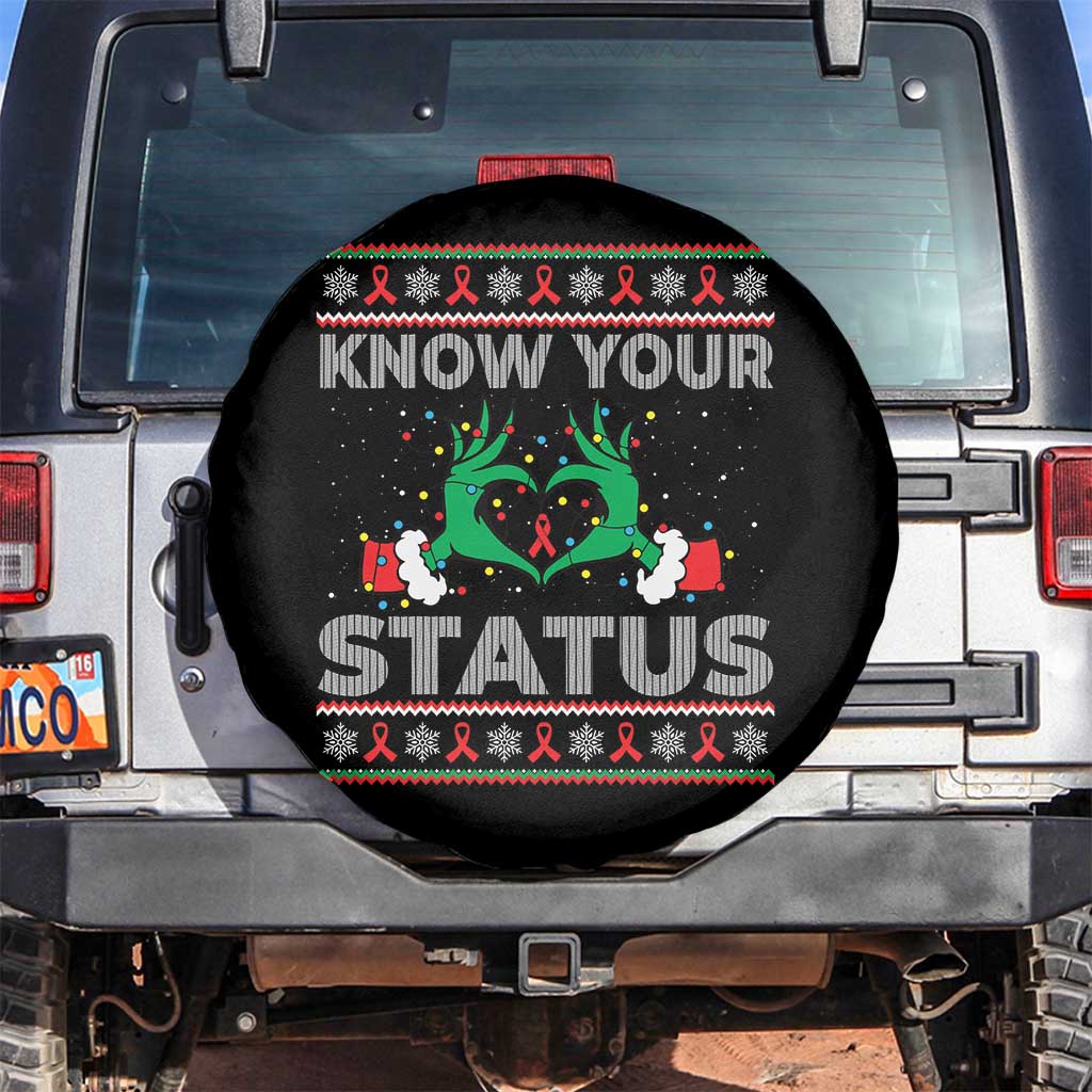 Know Your Status HIV Awareness Gift Spare Tire Cover Ugly Sweater Green Hand Red Ribbon TS12 No hole Black Print Your Wear