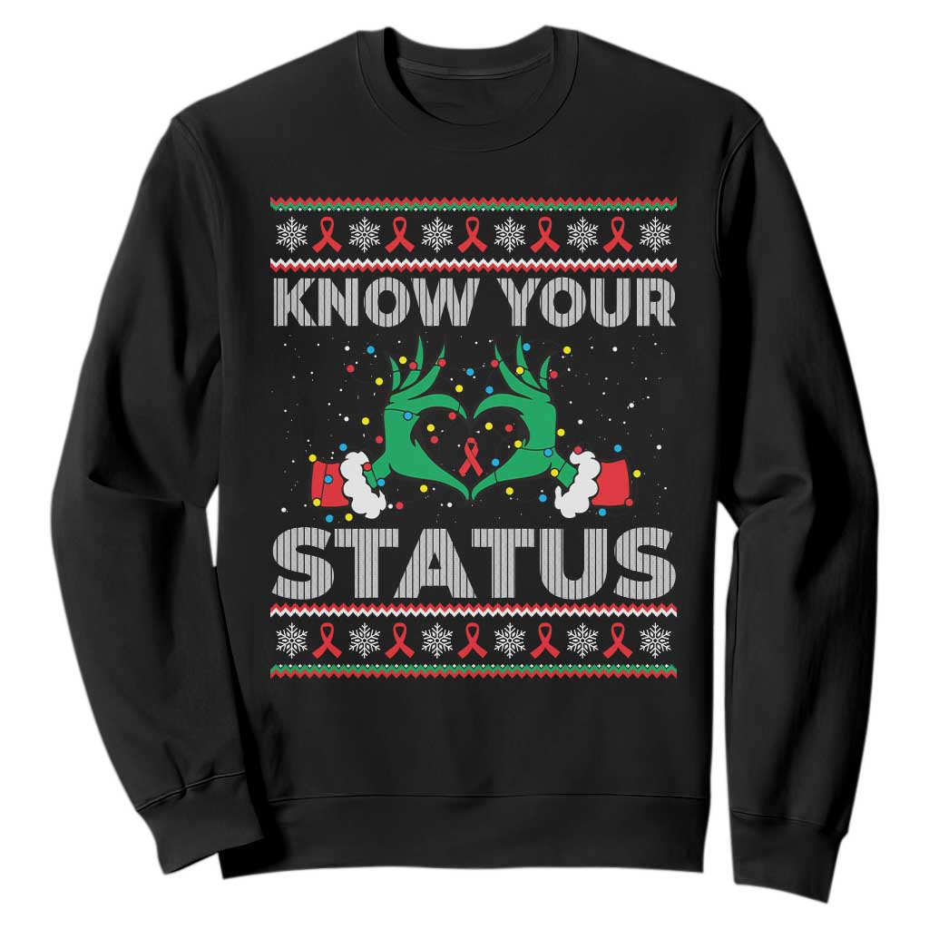 Know Your Status HIV Awareness Gift Sweatshirt Ugly Sweater Green Hand Red Ribbon TS12 Black Print Your Wear