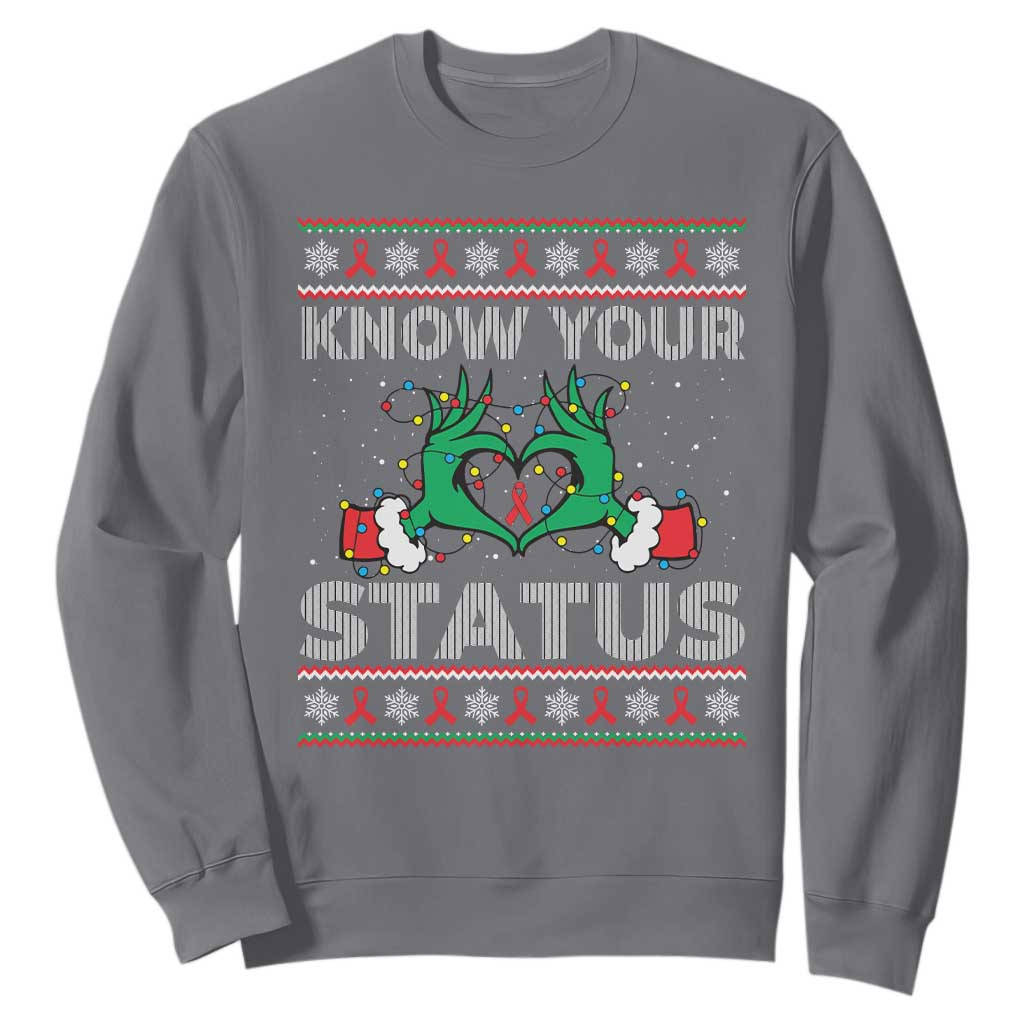 Know Your Status HIV Awareness Gift Sweatshirt Ugly Sweater Green Hand Red Ribbon TS12 Charcoal Print Your Wear