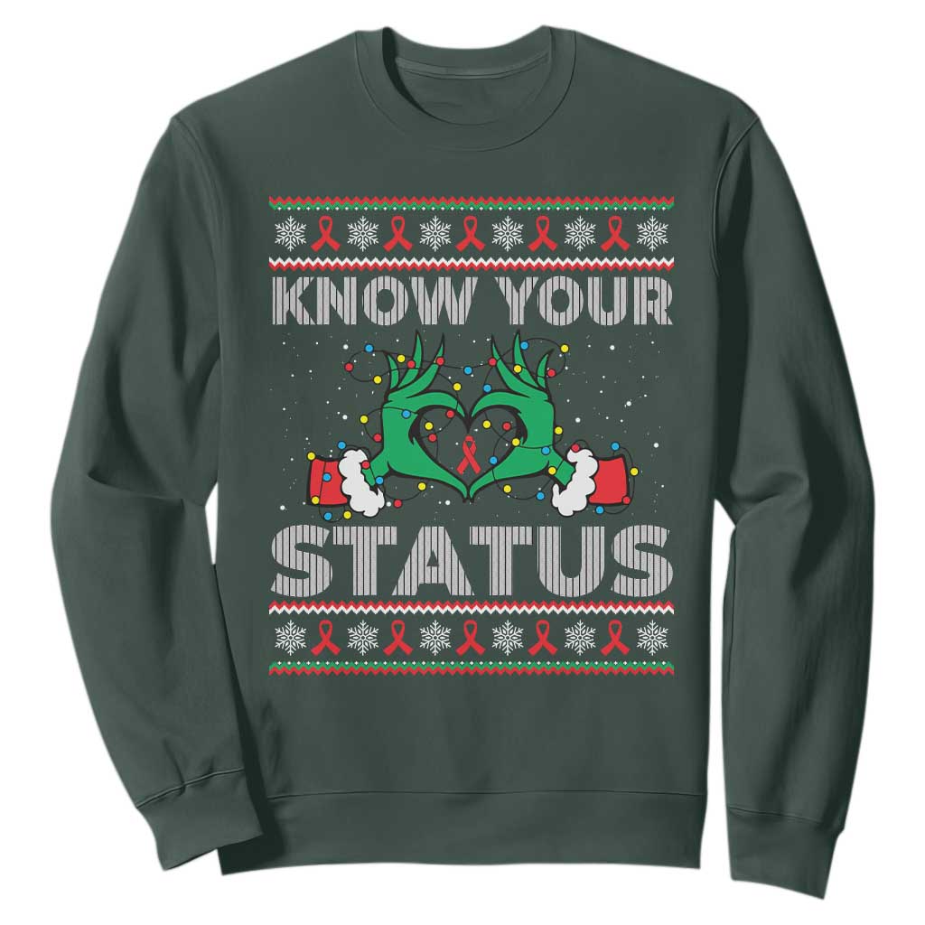 Know Your Status HIV Awareness Gift Sweatshirt Ugly Sweater Green Hand Red Ribbon TS12 Dark Forest Green Print Your Wear