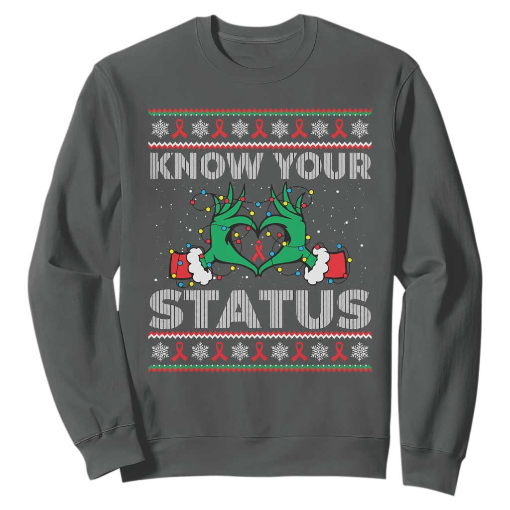 Know Your Status HIV Awareness Gift Sweatshirt Ugly Sweater Green Hand Red Ribbon TS12 Dark Heather Print Your Wear