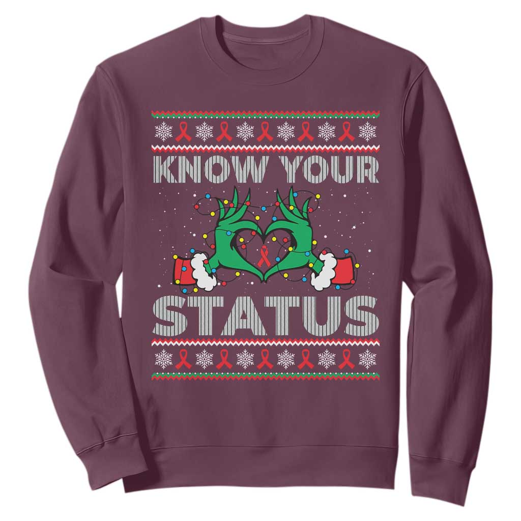 Know Your Status HIV Awareness Gift Sweatshirt Ugly Sweater Green Hand Red Ribbon TS12 Maroon Print Your Wear