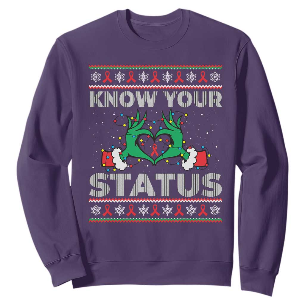 Know Your Status HIV Awareness Gift Sweatshirt Ugly Sweater Green Hand Red Ribbon TS12 Purple Print Your Wear