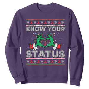 Know Your Status HIV Awareness Gift Sweatshirt Ugly Sweater Green Hand Red Ribbon TS12 Purple Print Your Wear