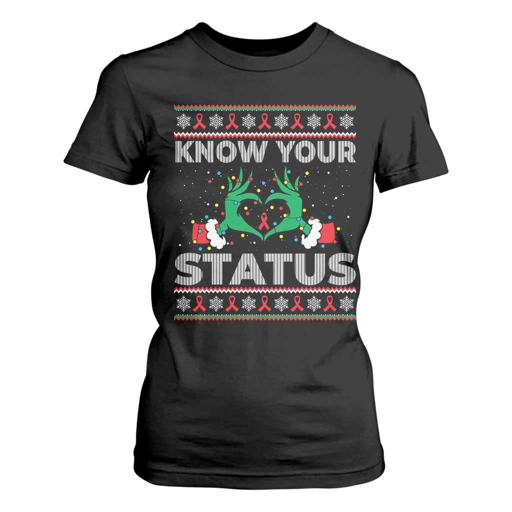 Know Your Status HIV Awareness Gift T Shirt For Women Ugly Sweater Green Hand Red Ribbon TS12 Black Print Your Wear
