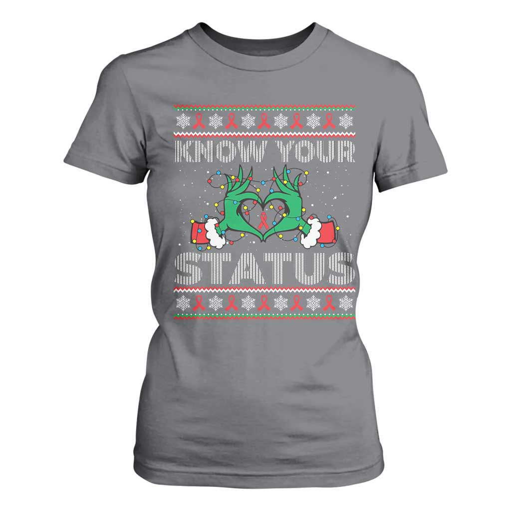 Know Your Status HIV Awareness Gift T Shirt For Women Ugly Sweater Green Hand Red Ribbon TS12 Charcoal Print Your Wear