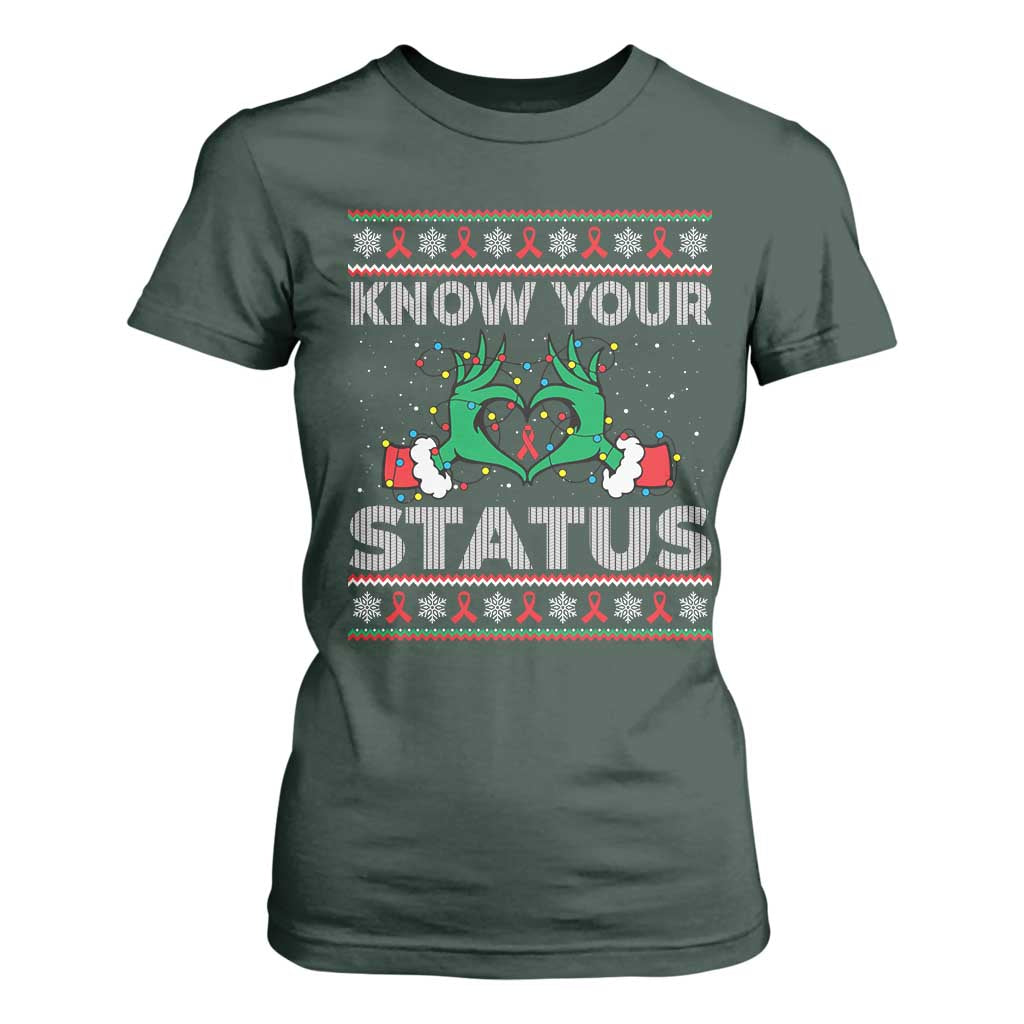 Know Your Status HIV Awareness Gift T Shirt For Women Ugly Sweater Green Hand Red Ribbon TS12 Dark Forest Green Print Your Wear