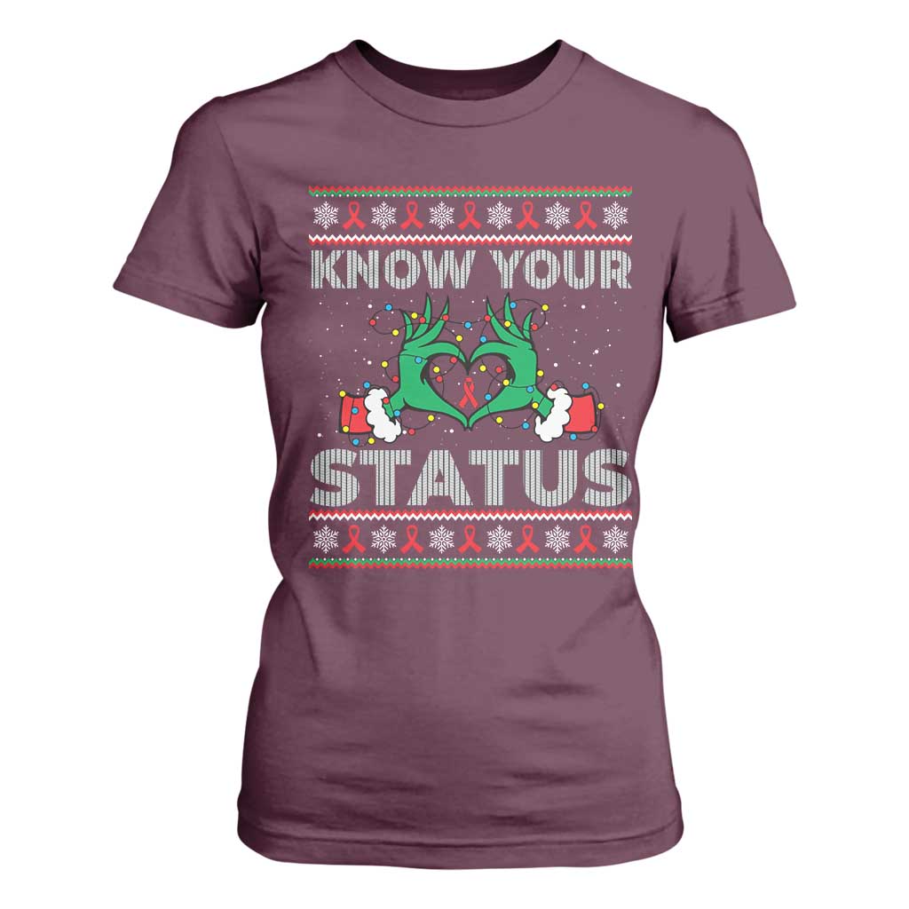 Know Your Status HIV Awareness Gift T Shirt For Women Ugly Sweater Green Hand Red Ribbon TS12 Maroon Print Your Wear