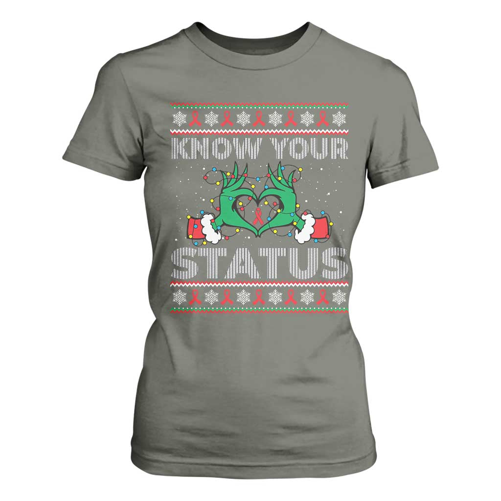 Know Your Status HIV Awareness Gift T Shirt For Women Ugly Sweater Green Hand Red Ribbon TS12 Military Green Print Your Wear