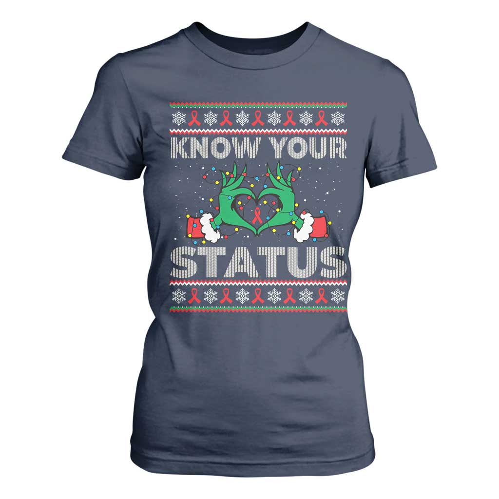Know Your Status HIV Awareness Gift T Shirt For Women Ugly Sweater Green Hand Red Ribbon TS12 Navy Print Your Wear