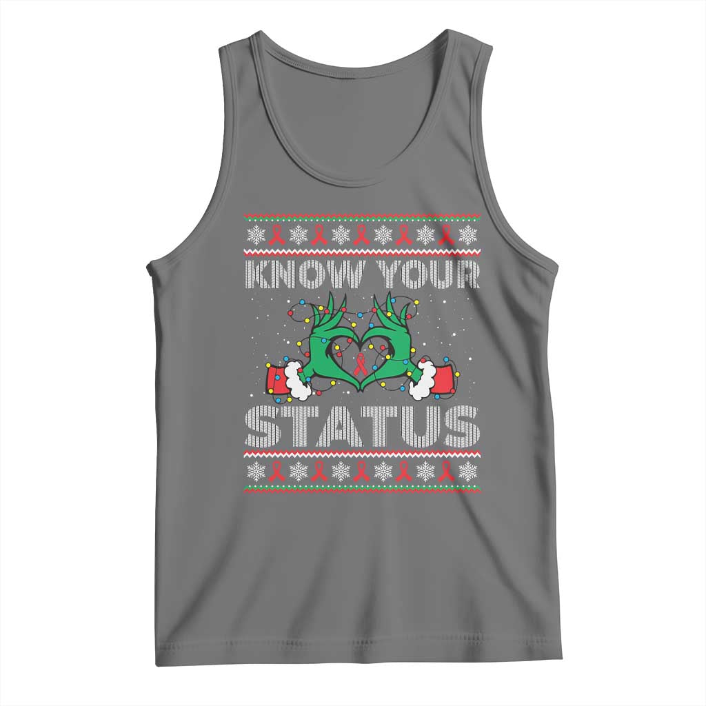 Know Your Status HIV Awareness Gift Tank Top Ugly Sweater Green Hand Red Ribbon TS12 Black Heather Print Your Wear
