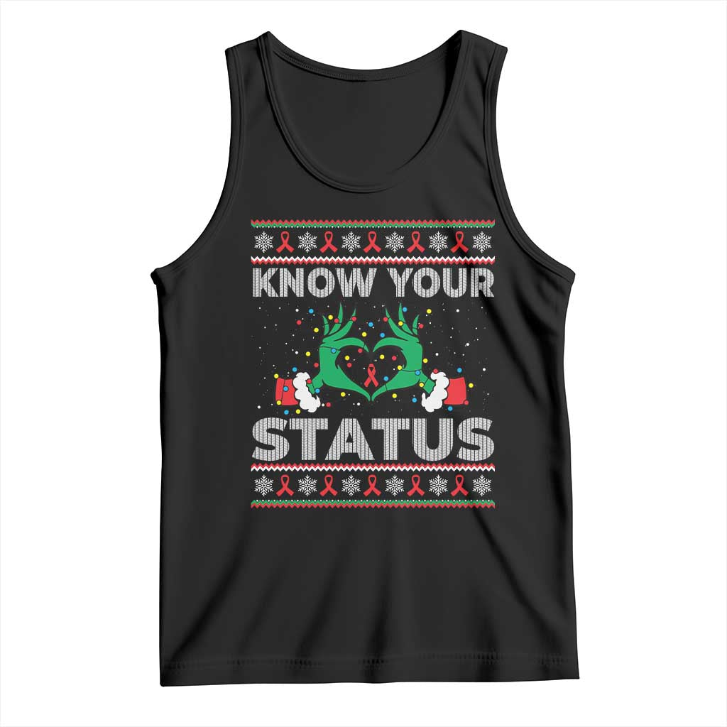 Know Your Status HIV Awareness Gift Tank Top Ugly Sweater Green Hand Red Ribbon TS12 Black Print Your Wear